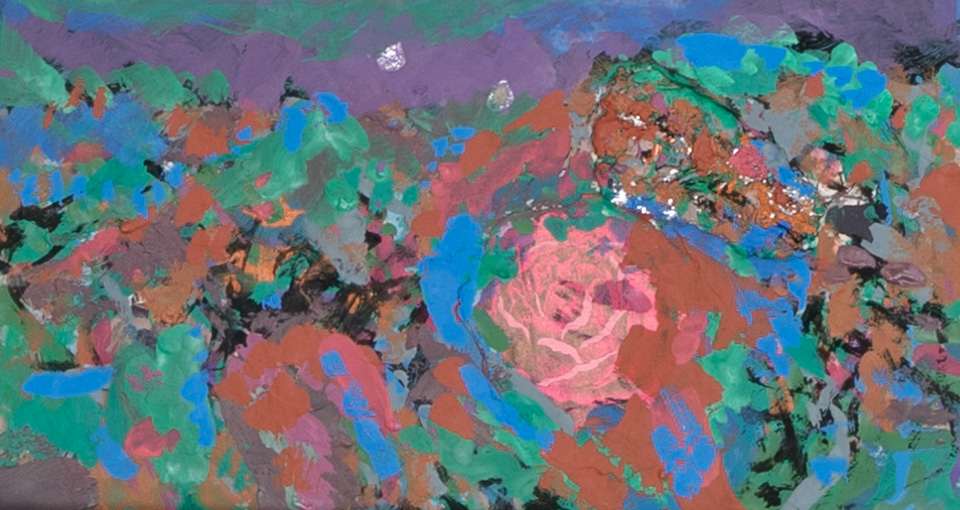 Landscape with Rose is an original collage with oil painting collage measuring 6.5 × 11.5 inches, completed in 2015 by American Expressionist Landscape painter Bud Holman.