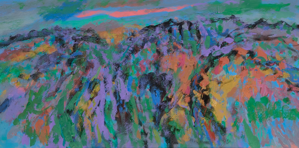 Rancho Santa Cruz #11 is an original oil on canvas painting measuring 12 × 24 inches, completed in 2016 by American Expressionist Landscape painter Bud Holman.