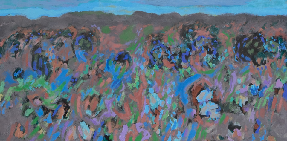 Nogales #237 is an original oil on canvas painting measuring 12 × 24 inches, completed in 2010 by American Expressionist Landscape painter Bud Holman.