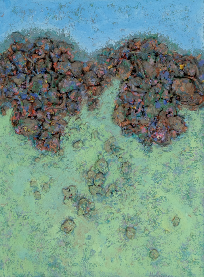 Fantastic Landscape is an original oil on panel painting measuring 16 × 12 inches, completed in 1970 by American Expressionist Landscape painter Bud Holman.