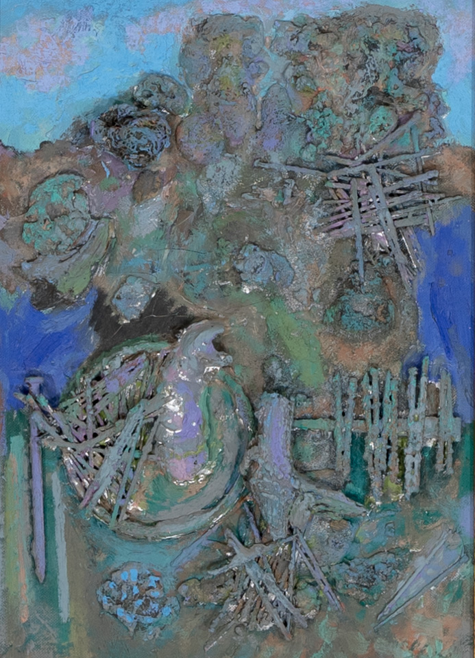 Birds Nest is an original assemblage painting measuring 13 × 10 inches, completed in 1965 by American Expressionist Landscape painter Bud Holman.