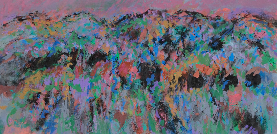 Rancho Santa Cruz #12 is an original oil on canvas painting measuring 12 × 24 inches, completed in 2016 by American Expressionist Landscape painter Bud Holman.