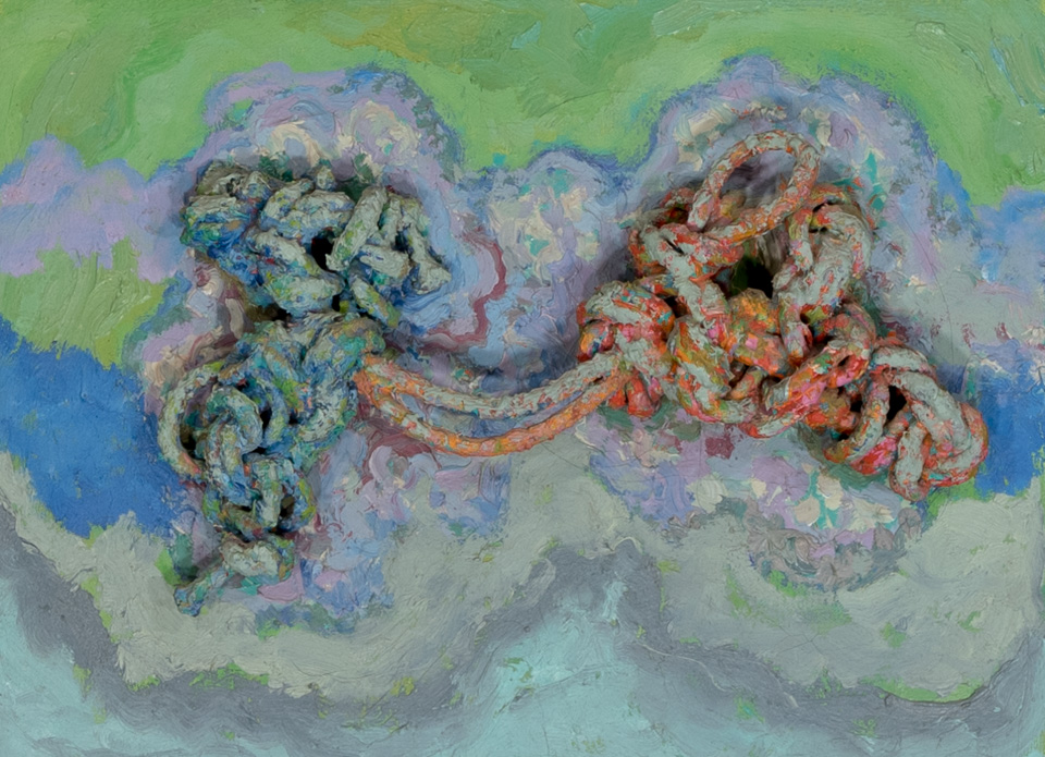 Alexander's Dilemma  is an original mixed media painting measuring 12 × 16 inches, completed in 1964 by American Expressionist Landscape painter Bud Holman.
