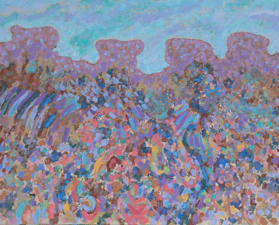Tesuque #2 is an original assemblage painting measuring 24 × 30 inches, completed in 1978 by American Expressionist Landscape painter Bud Holman.