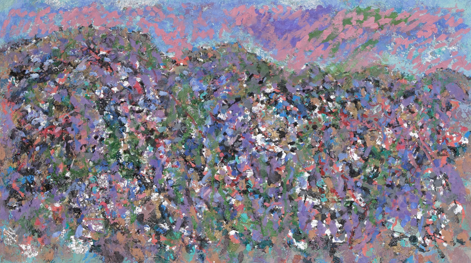 Tucson #12 is an original oil on canvas painting measuring 16 × 28 inches, completed in 1985 by American Expressionist Landscape painter Bud Holman.