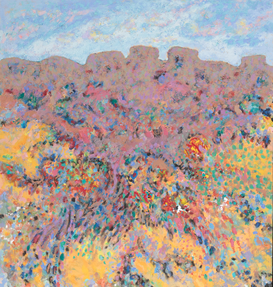 Santa Fe Landscape #2 is an original oil on panel painting measuring 32 × 30 inches, completed in 1980 by American Expressionist Landscape painter Bud Holman.