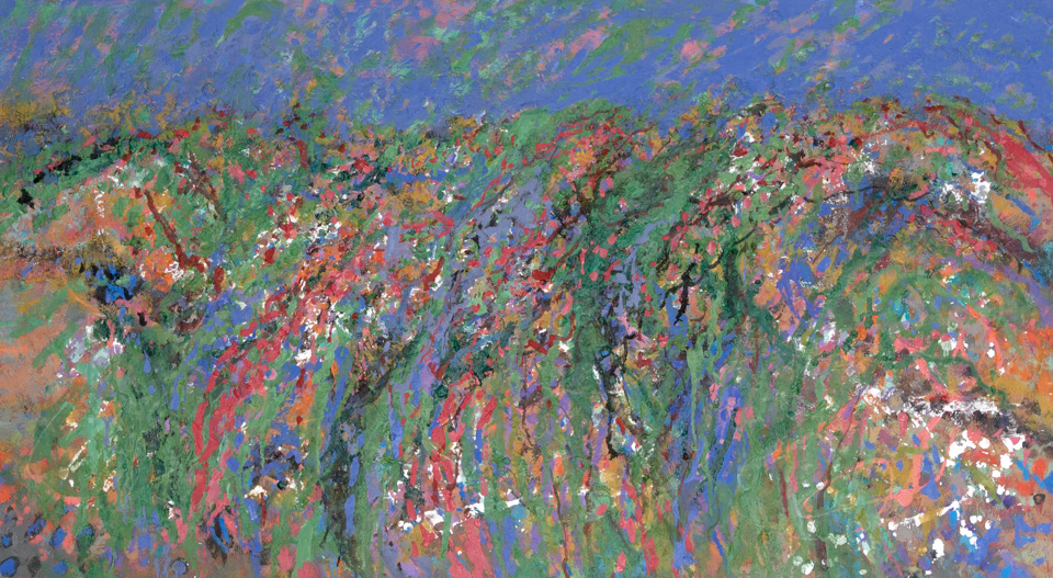 Nogales #248 is an original oil on canvas painting measuring 21 × 38 inches, completed in 2002 by American Expressionist Landscape painter Bud Holman.