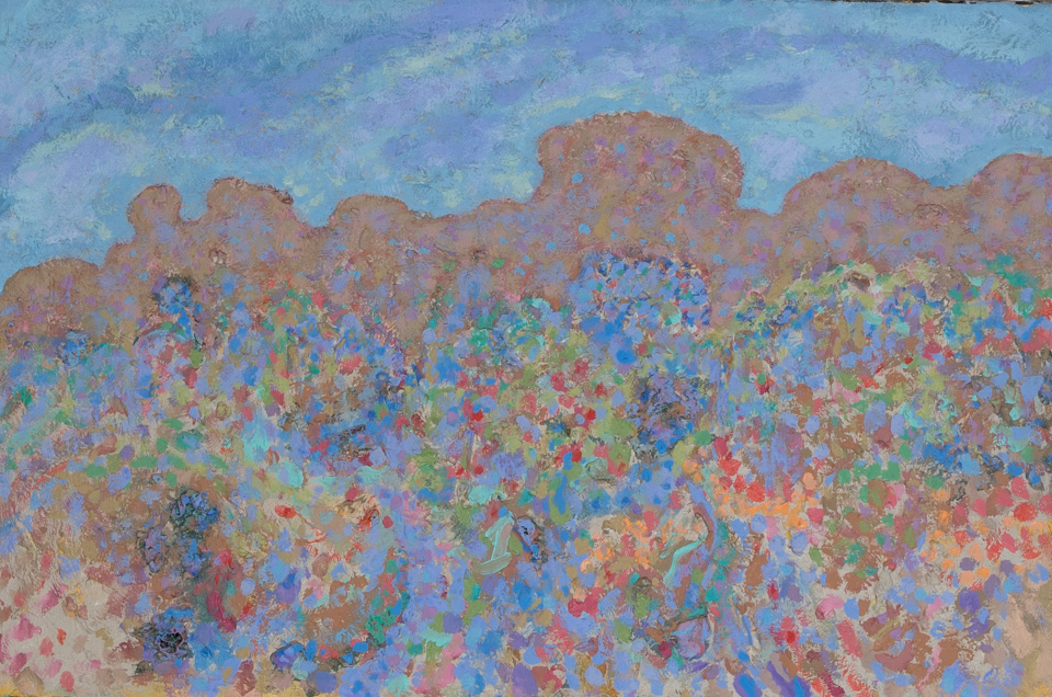 Santa Fe #7 is an original oil on canvas painting measuring 20 × 30 inches, completed in 1978 by American Expressionist Landscape painter Bud Holman.