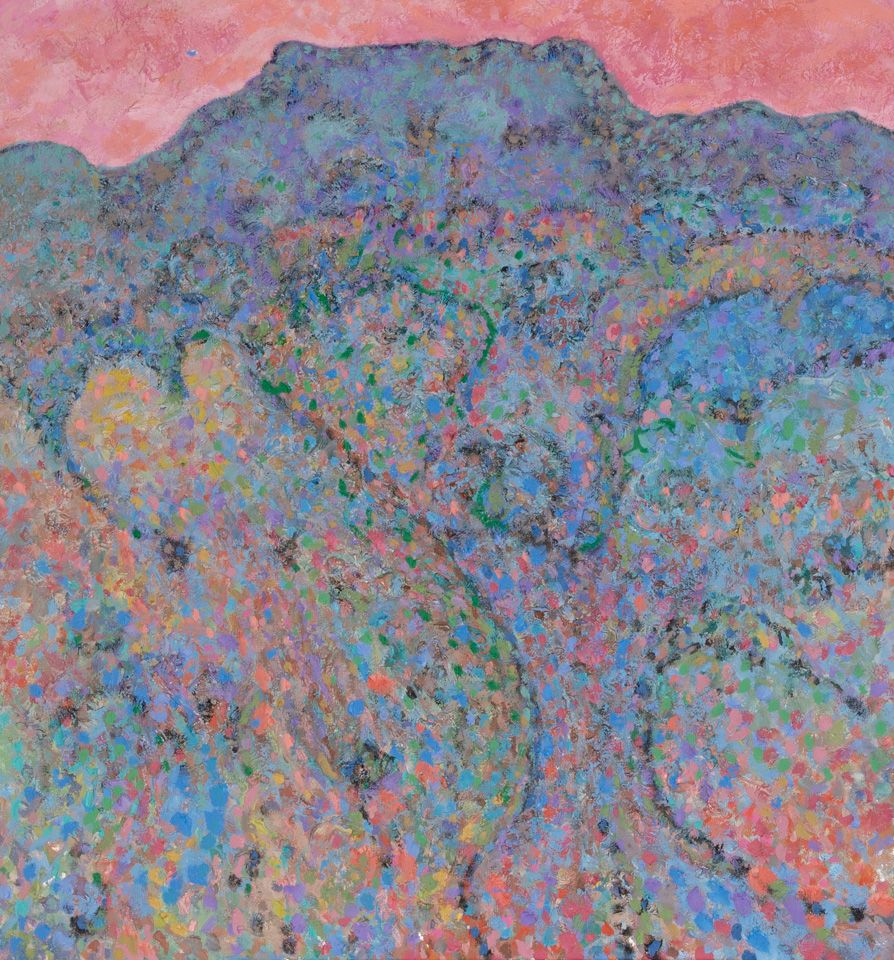 Pojoaque Pink Sky is an original oil on canvas painting measuring 32 × 30 inches, completed in 1980 by American Expressionist Landscape painter Bud Holman.
