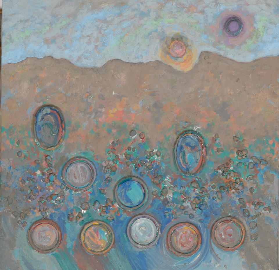 Santa Fe #8 is an original assemblage painting measuring 20 × 20 inches, completed in 1979 by American Expressionist Landscape painter Bud Holman.