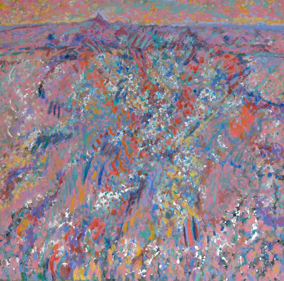 Baboquiviri Mountains is an original oil on canvas painting measuring 40 × 40 inches, completed in 2002 by American Expressionist Landscape painter Bud Holman.