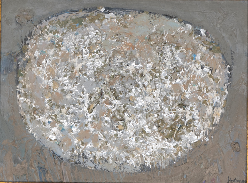 Mud Pie #132 is an original oil on panel painting measuring 12 × 16 inches, completed in 1980 by American Expressionist Landscape painter Bud Holman.