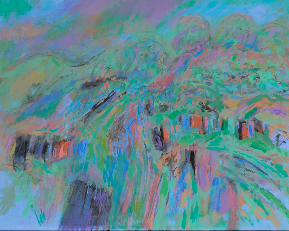 Burgenstock #7 is an original oil on canvas painting measuring 24 × 30 inches, completed in 2016 by American Expressionist Landscape painter Bud Holman.