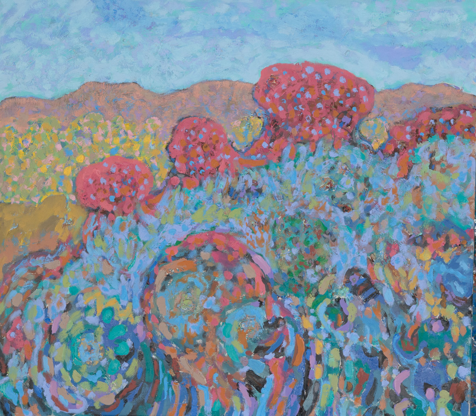 Santa Fe #13 is an original oil on canvas painting measuring 24 × 27 inches, completed in 1978 by American Expressionist Landscape painter Bud Holman.