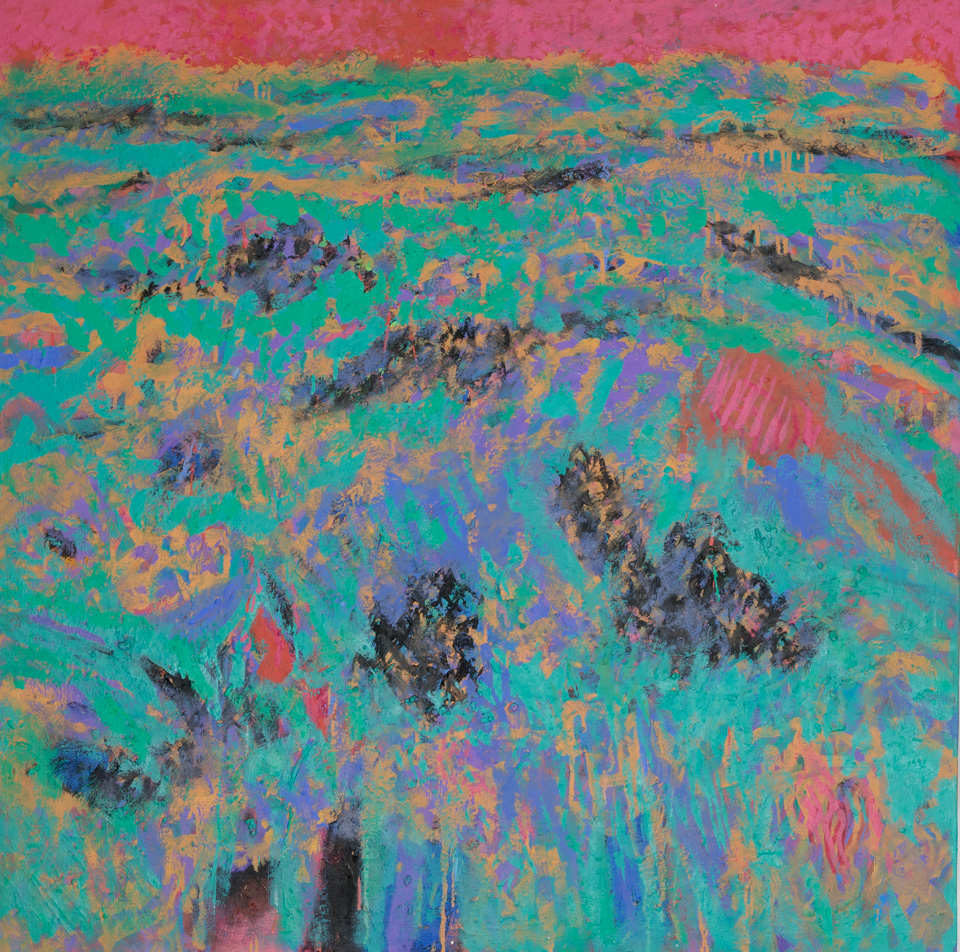 Rolling Hills Sunset is an original oil on canvas painting measuring 40 × 40 inches, completed in 2008 by American Expressionist Landscape painter Bud Holman.