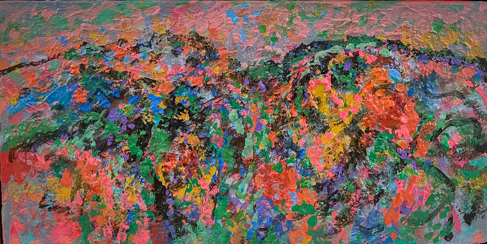 Nogales #258 is an original oil on canvas painting measuring 20 × 10.5 inches, completed in 2013 by American Expressionist Landscape painter Bud Holman.