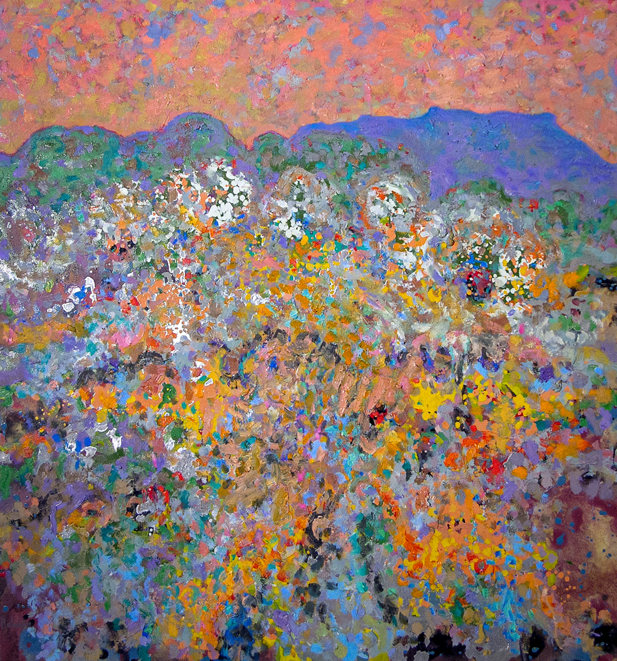 New Mexico Landscape is an original oil on canvas painting measuring 32 × 30 inches, completed in 1976 by American Expressionist Landscape painter Bud Holman.