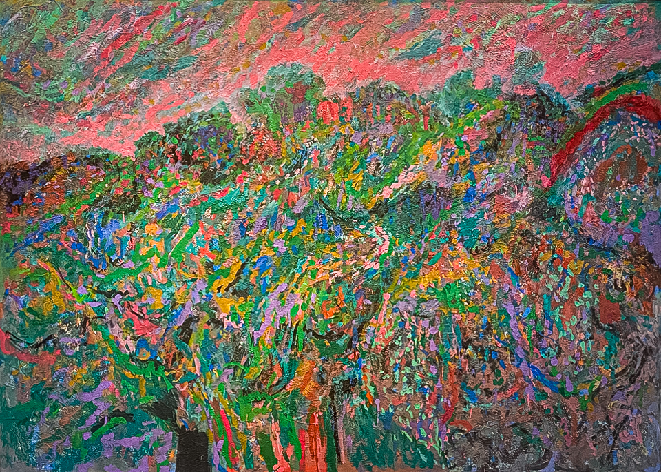 High Atlas 2 is an original oil on canvas painting measuring 51 × 70.75 inches, completed in 2022 by American Expressionist Landscape painter Bud Holman.