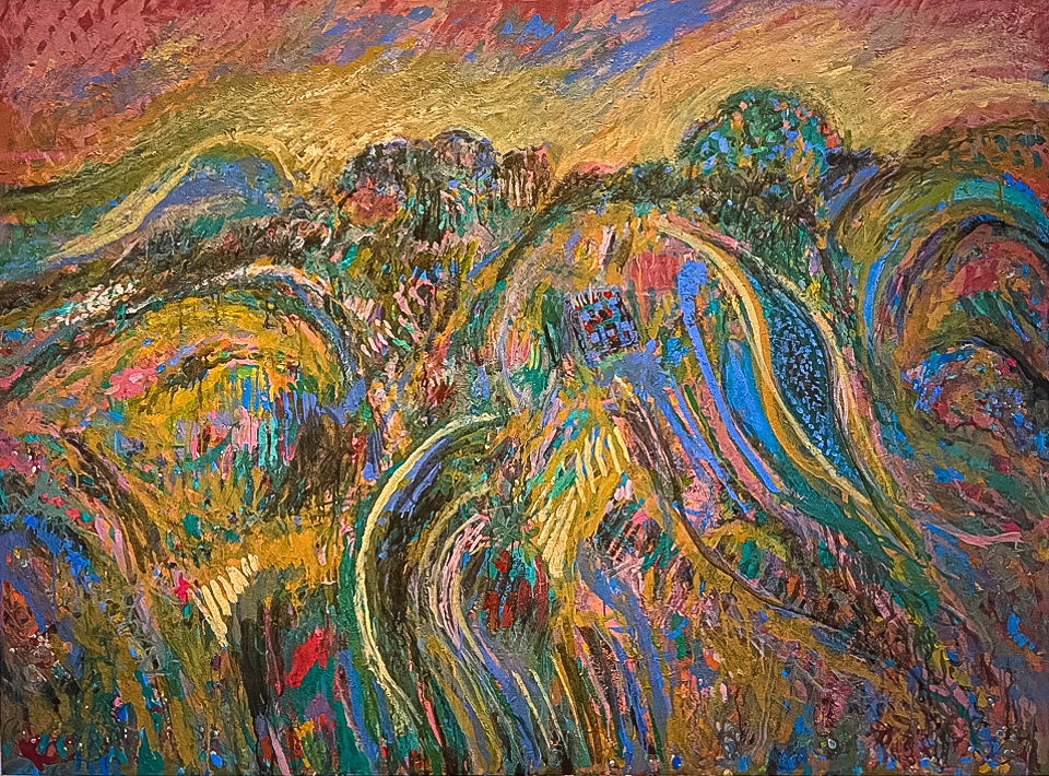 Miller's Ranch is an original oil on canvas painting measuring 50.25 × 68 inches, completed in 2022 by American Expressionist Landscape painter Bud Holman.