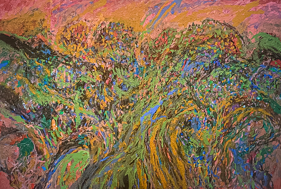 High Atlas 6 is an original oil on canvas painting measuring 52 × 76 inches, completed in 2022 by American Expressionist Landscape painter Bud Holman.