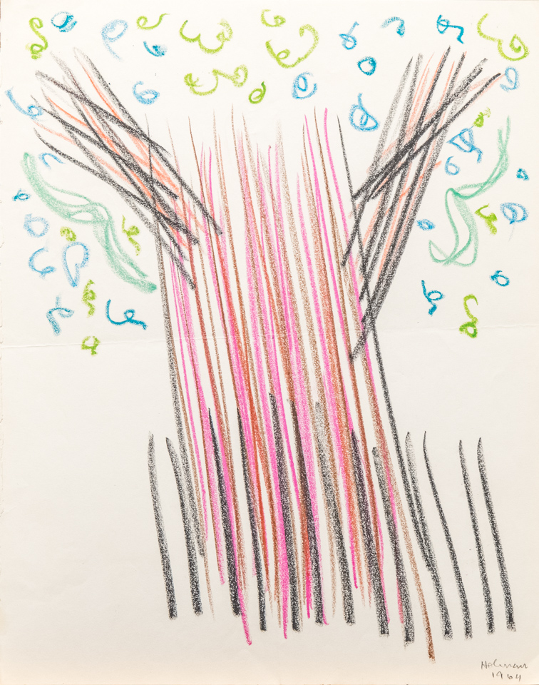 unnamed is an original crayon drawing measuring 13.5 × 10.75 inches, completed in 1964 by American Expressionist Landscape painter Bud Holman.