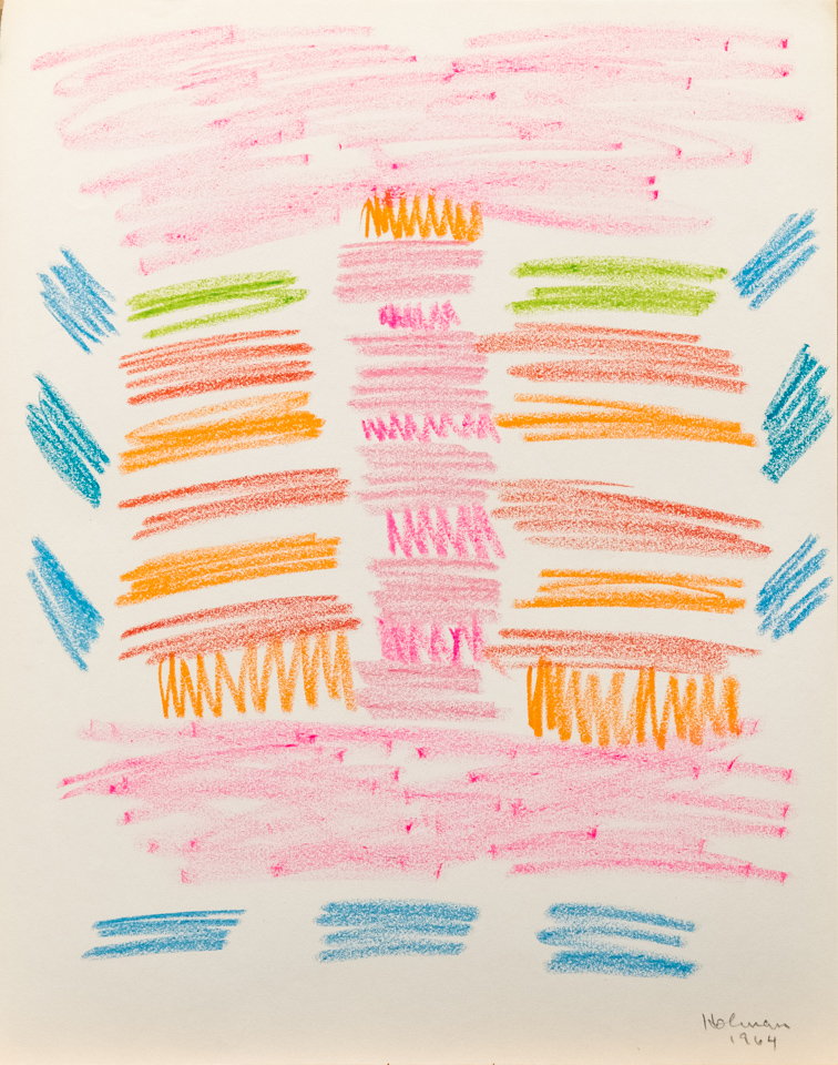 unnamed is an original crayon drawing measuring 13.5 × 10.75 inches, completed in 1964 by American Expressionist Landscape painter Bud Holman.
