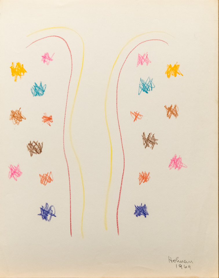 unnamed is an original crayon drawing measuring 13.5 × 10.75 inches, completed in 1964 by American Expressionist Landscape painter Bud Holman.