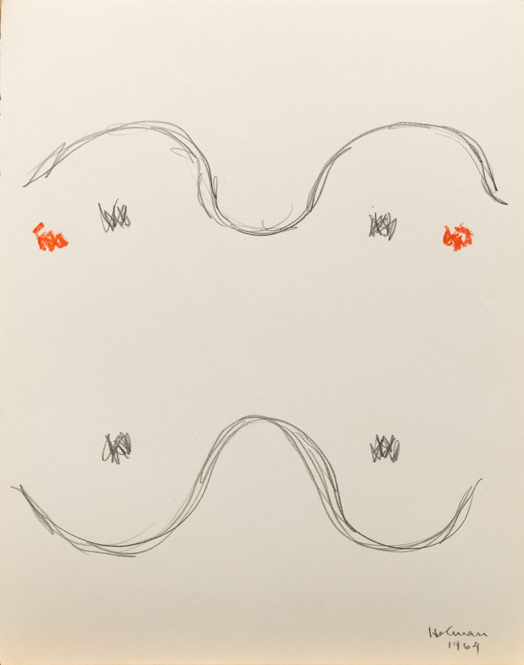 unnamed is an original crayon drawing measuring 13.5 × 10.75 inches, completed in 1964 by American Expressionist Landscape painter Bud Holman.