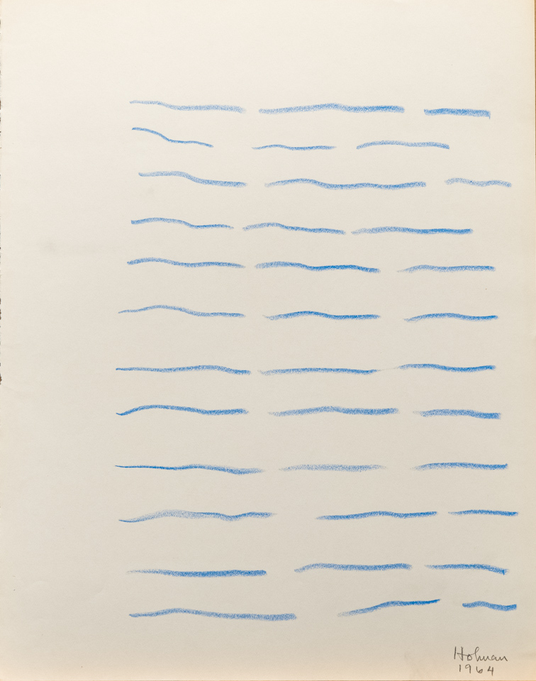 unnamed is an original crayon drawing measuring 13.5 × 10.75 inches, completed in 1964 by American Expressionist Landscape painter Bud Holman.