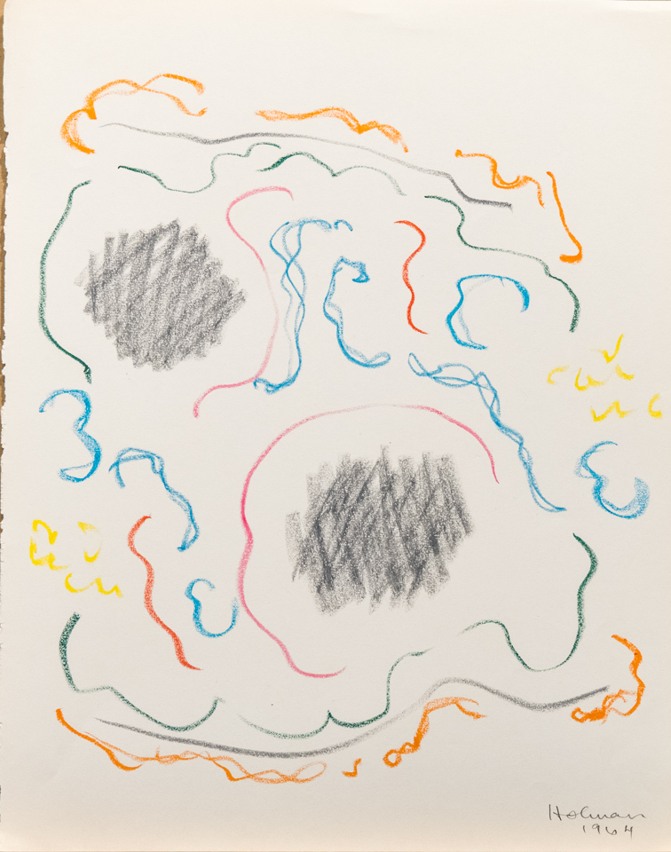 unnamed is an original crayon drawing measuring 13.5 × 10.75 inches, completed in 1964 by American Expressionist Landscape painter Bud Holman.