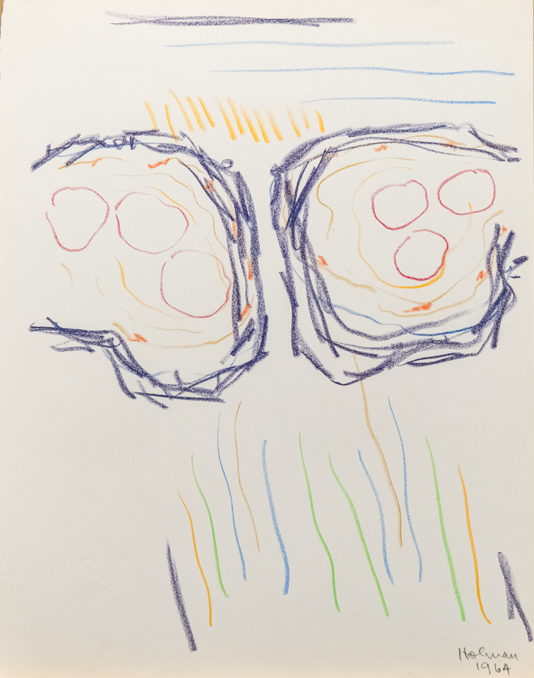 unnamed is an original crayon drawing measuring 13.5 × 10.75 inches, completed in 1964 by American Expressionist Landscape painter Bud Holman.