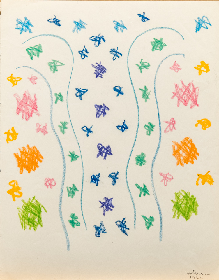 unnamed is an original crayon drawing measuring 13.5 × 10.75 inches, completed in 1964 by American Expressionist Landscape painter Bud Holman.