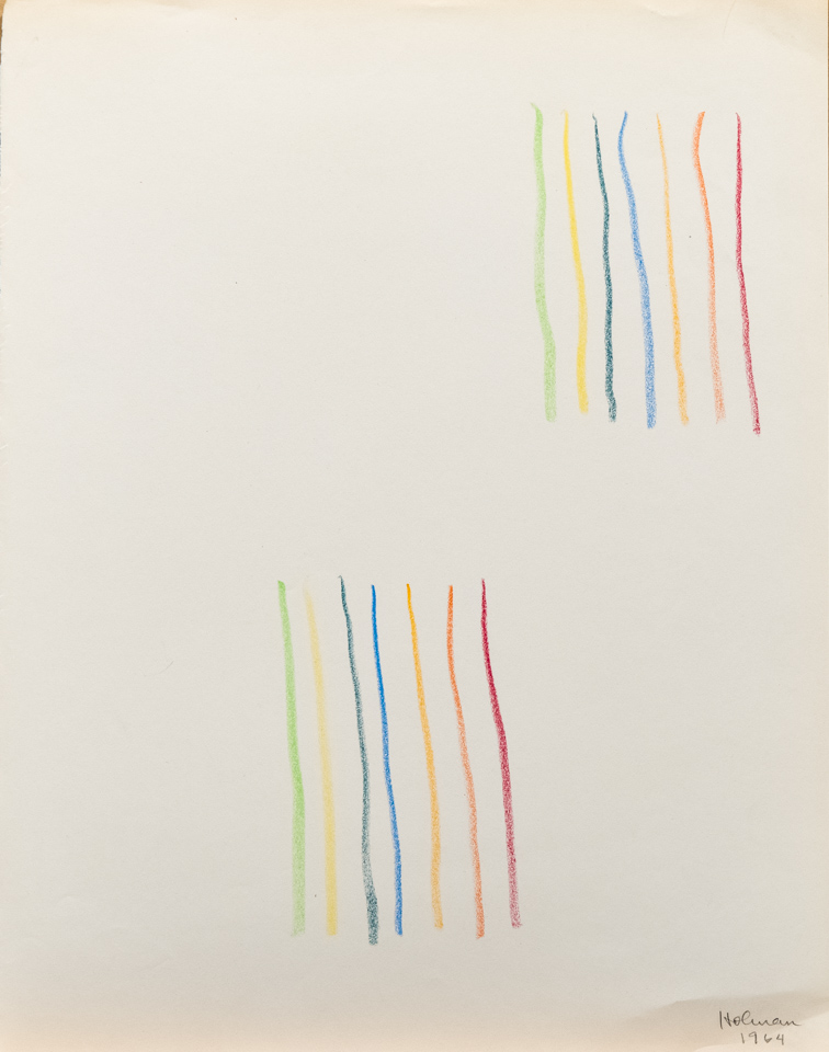 unnamed is an original crayon drawing measuring 13.5 × 10.75 inches, completed in 1964 by American Expressionist Landscape painter Bud Holman.