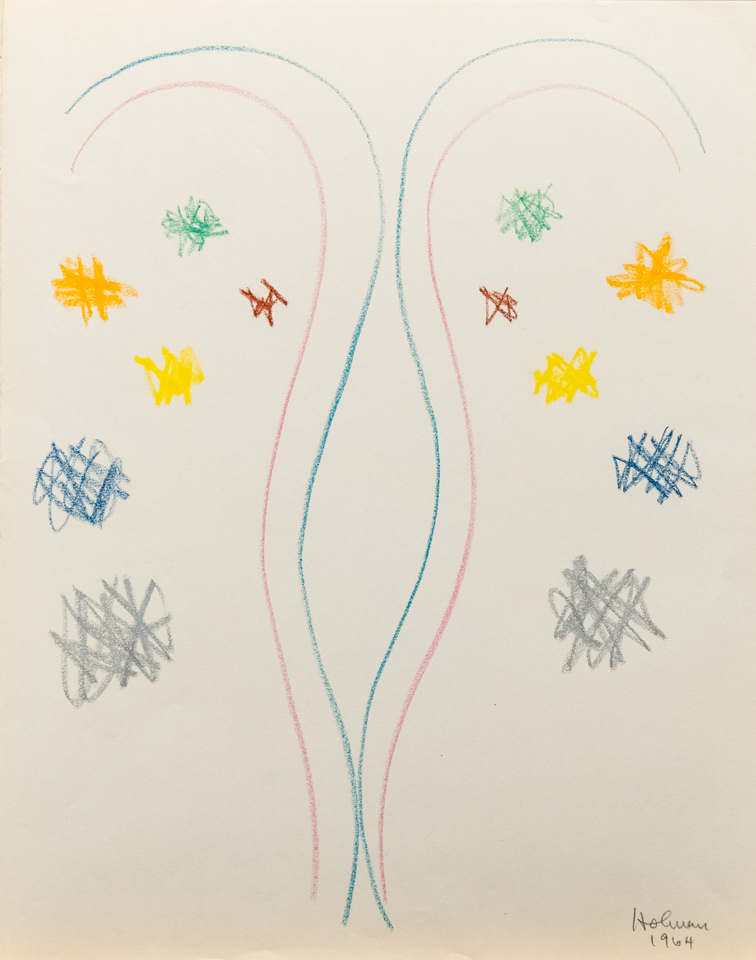 unnamed is an original crayon drawing measuring 13.5 × 10.75 inches, completed in 1964 by American Expressionist Landscape painter Bud Holman.