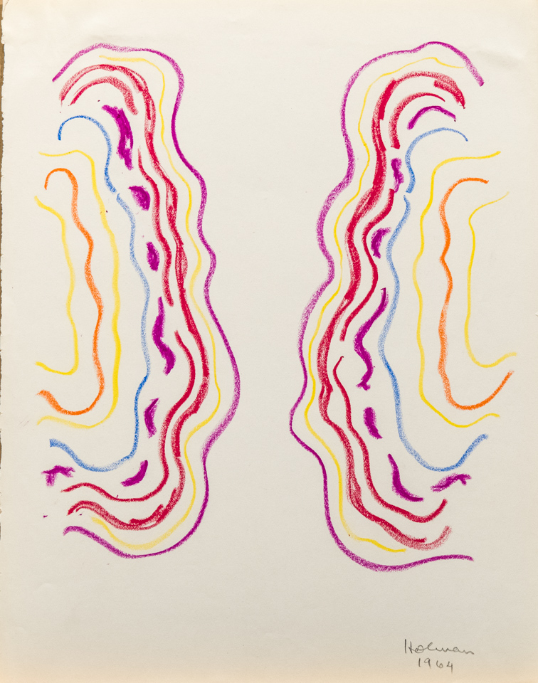 unnamed is an original crayon drawing measuring 13.5 × 10.75 inches, completed in 1964 by American Expressionist Landscape painter Bud Holman.