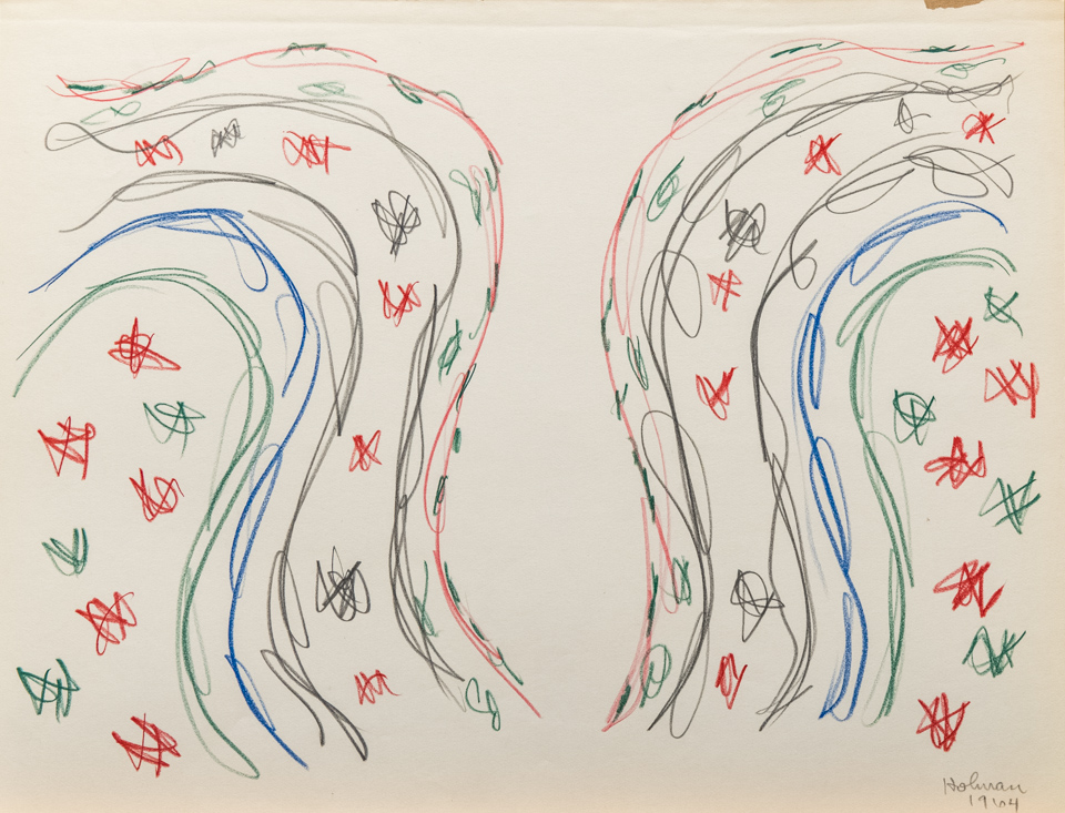 unnamed is an original crayon drawing measuring 10.75 × 13.5 inches, completed in 1964 by American Expressionist Landscape painter Bud Holman.