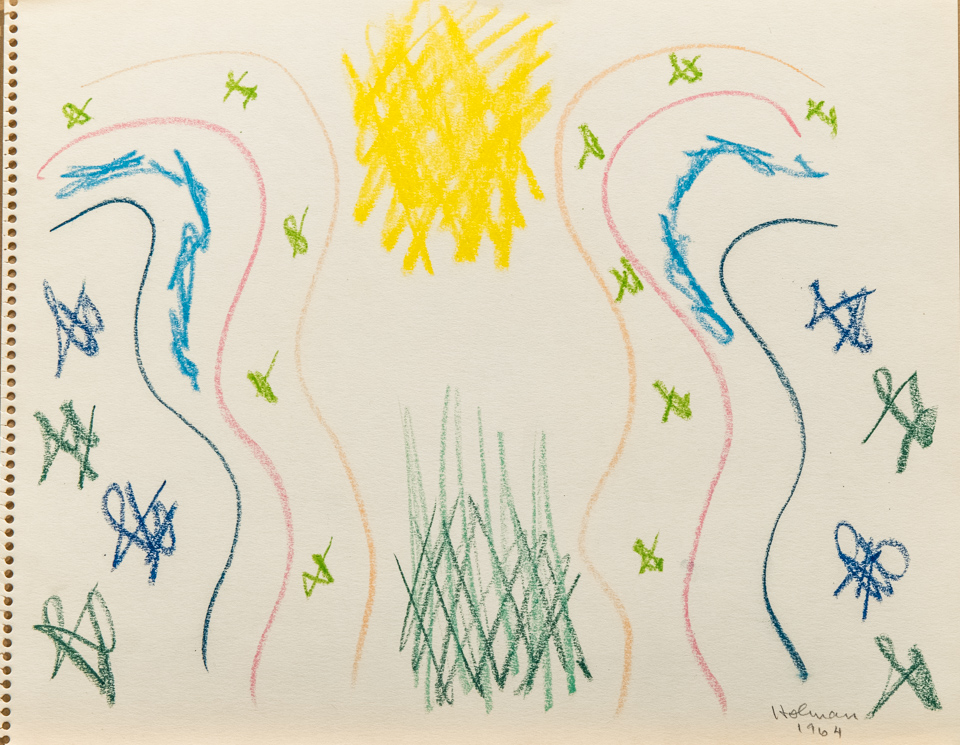 unnamed is an original crayon drawing measuring 11 × 15.5 inches, completed in 1964 by American Expressionist Landscape painter Bud Holman.