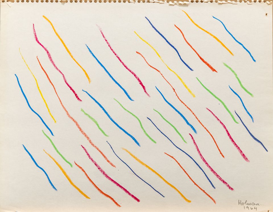 unnamed is an original crayon drawing measuring 11 × 15.5 inches, completed in 1964 by American Expressionist Landscape painter Bud Holman.