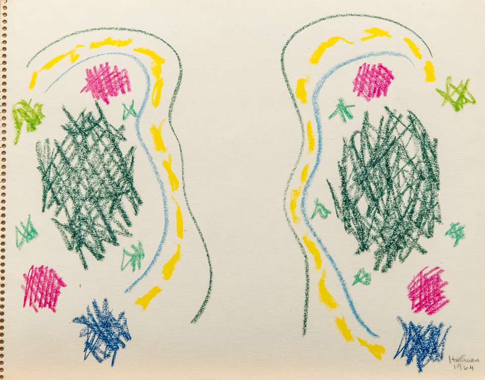 unnamed is an original crayon drawing measuring 11 × 15.5 inches, completed in 1964 by American Expressionist Landscape painter Bud Holman.