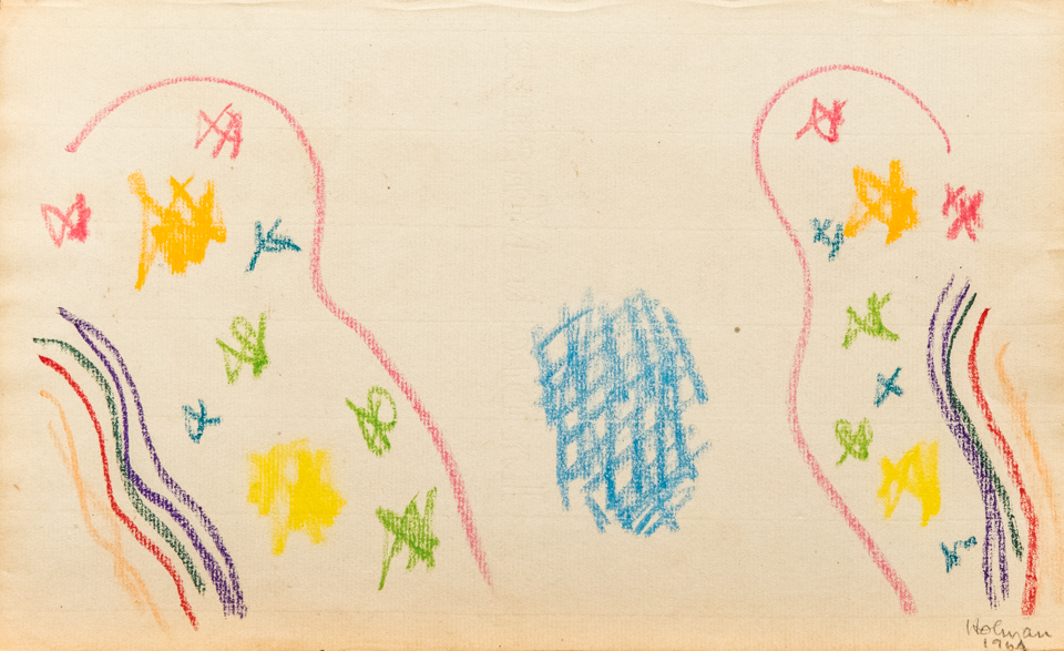 unnamed is an original crayon drawing measuring 8 × 13 inches, completed in 1964 by American Expressionist Landscape painter Bud Holman.