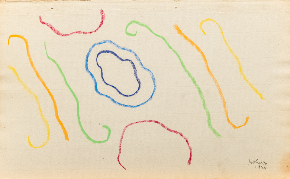 unnamed is an original crayon drawing measuring 8 × 13 inches, completed in 1964 by American Expressionist Landscape painter Bud Holman.