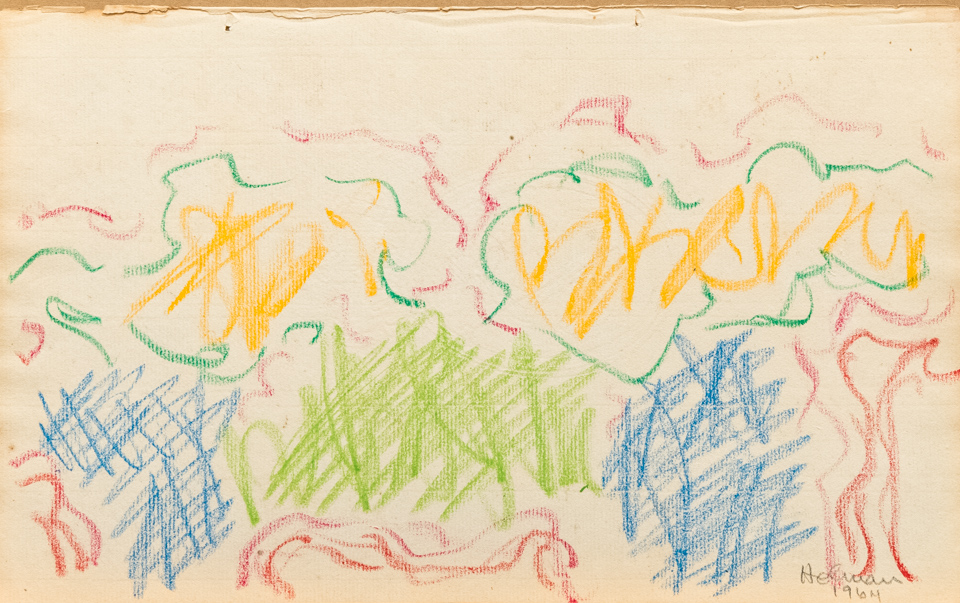 unnamed is an original crayon drawing measuring 8 × 13 inches, completed in 1964 by American Expressionist Landscape painter Bud Holman.
