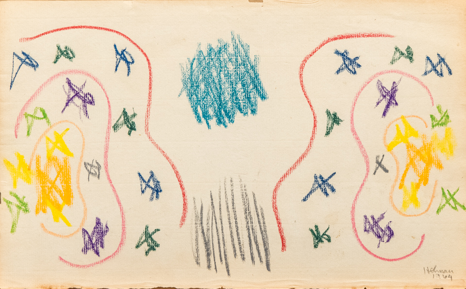 unnamed is an original crayon drawing measuring 8 × 13 inches, completed in 1964 by American Expressionist Landscape painter Bud Holman.