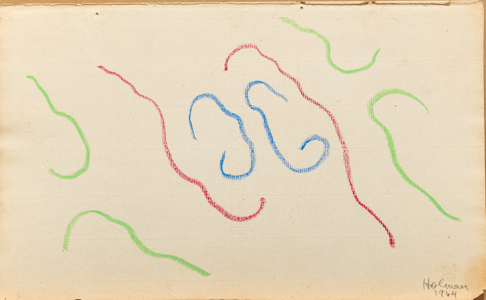 unnamed is an original crayon drawing measuring 8 × 13 inches, completed in 1964 by American Expressionist Landscape painter Bud Holman.