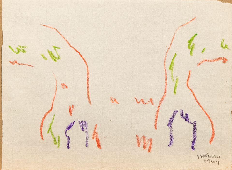 unnamed is an original crayon drawing measuring 6.25 × 8 inches, completed in 1964 by American Expressionist Landscape painter Bud Holman.