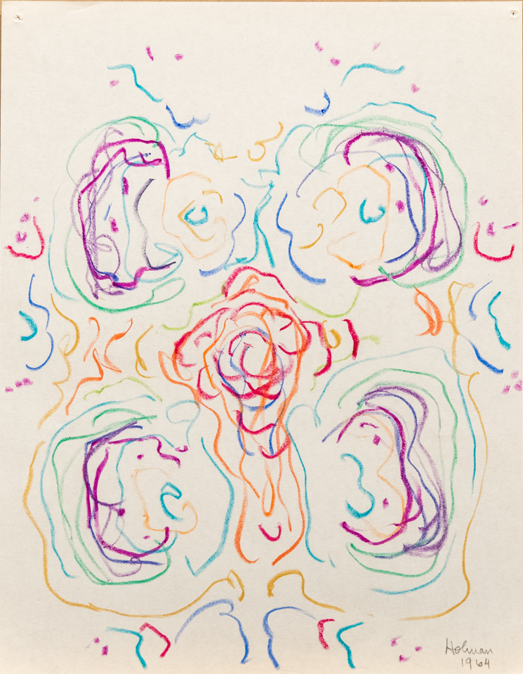 unnamed is an original crayon drawing measuring 11 × 8.5 inches, completed in 1964 by American Expressionist Landscape painter Bud Holman.