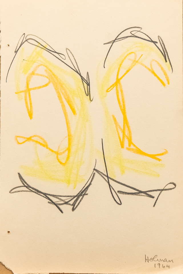 unnamed is an original crayon drawing measuring 11 × 7.5 inches, completed in 1964 by American Expressionist Landscape painter Bud Holman.