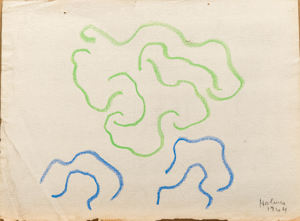 unnamed is an original crayon drawing measuring 11.5 × 8.5 inches, completed in 1964 by American Expressionist Landscape painter Bud Holman.