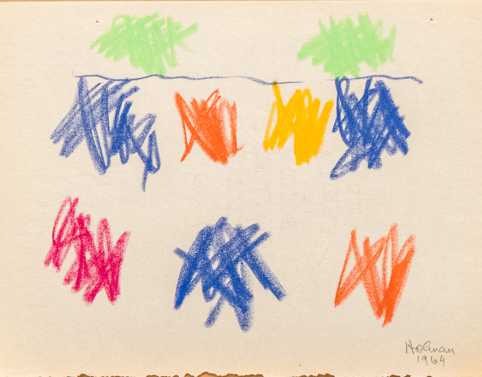 unnamed is an original crayon drawing measuring 8.5 × 11 inches, completed in 1964 by American Expressionist Landscape painter Bud Holman.