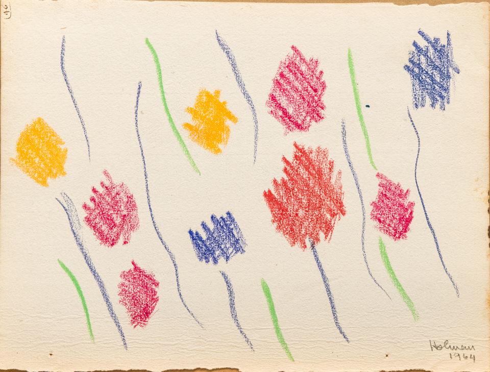unnamed is an original crayon drawing measuring 8.5 × 11 inches, completed in 1964 by American Expressionist Landscape painter Bud Holman.